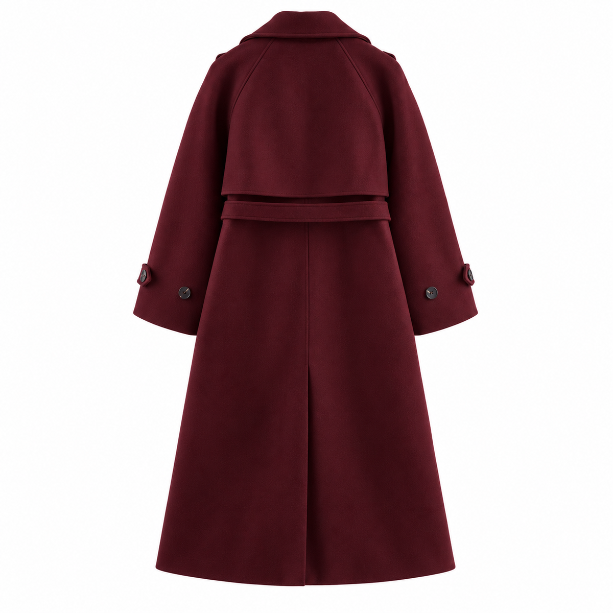 Burgundy Belted Double-Breasted Longline Jacket — back view