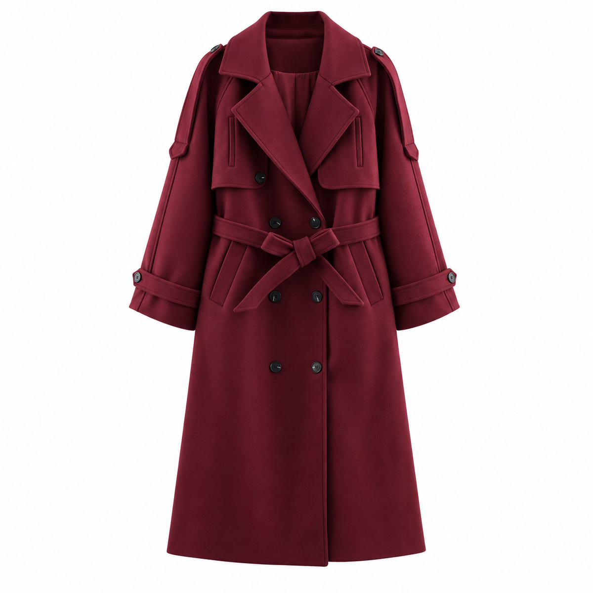 Burgundy Belted Double-Breasted Longline Jacket — front view