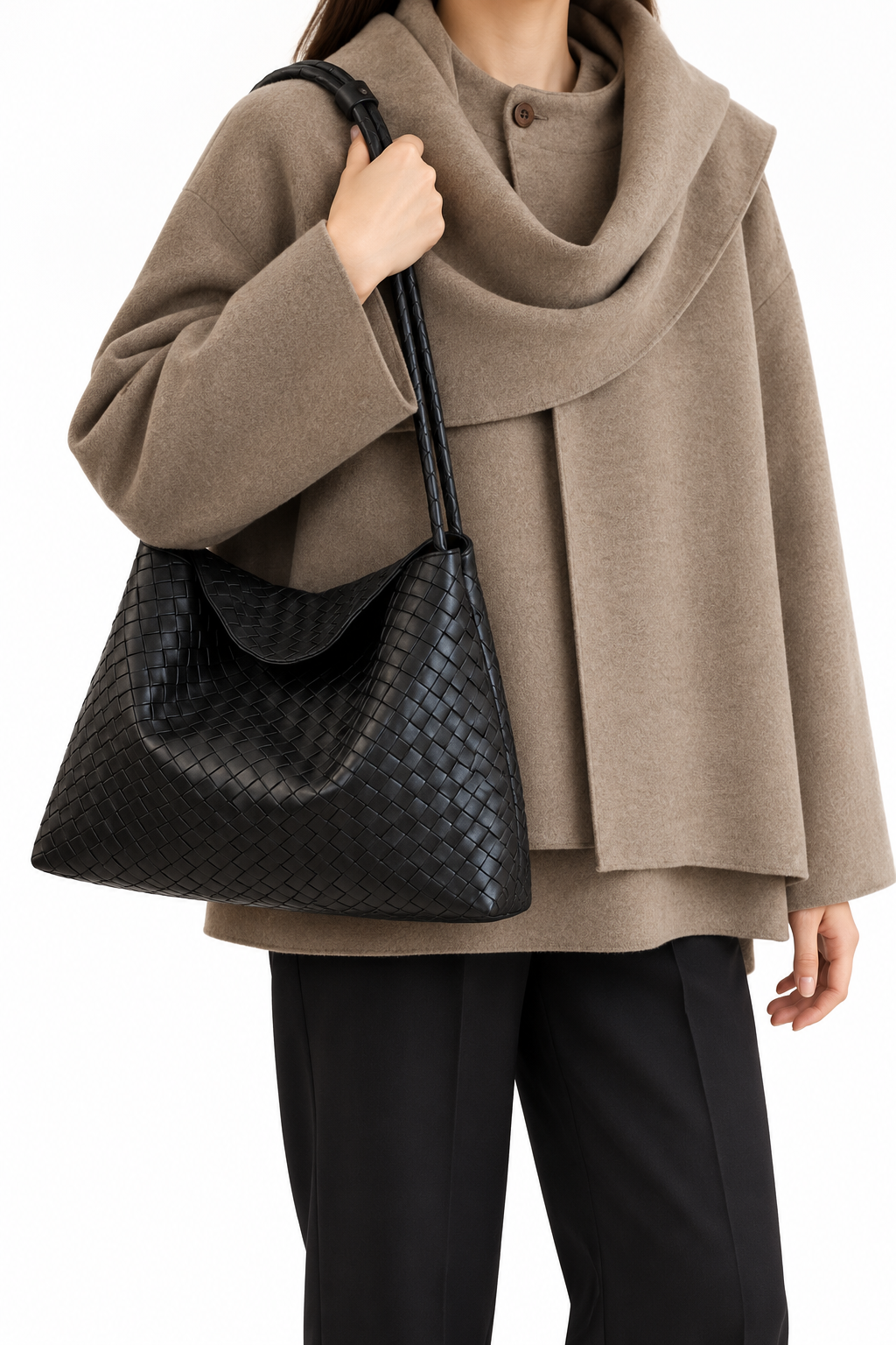 Black rolled hobo bag worn1