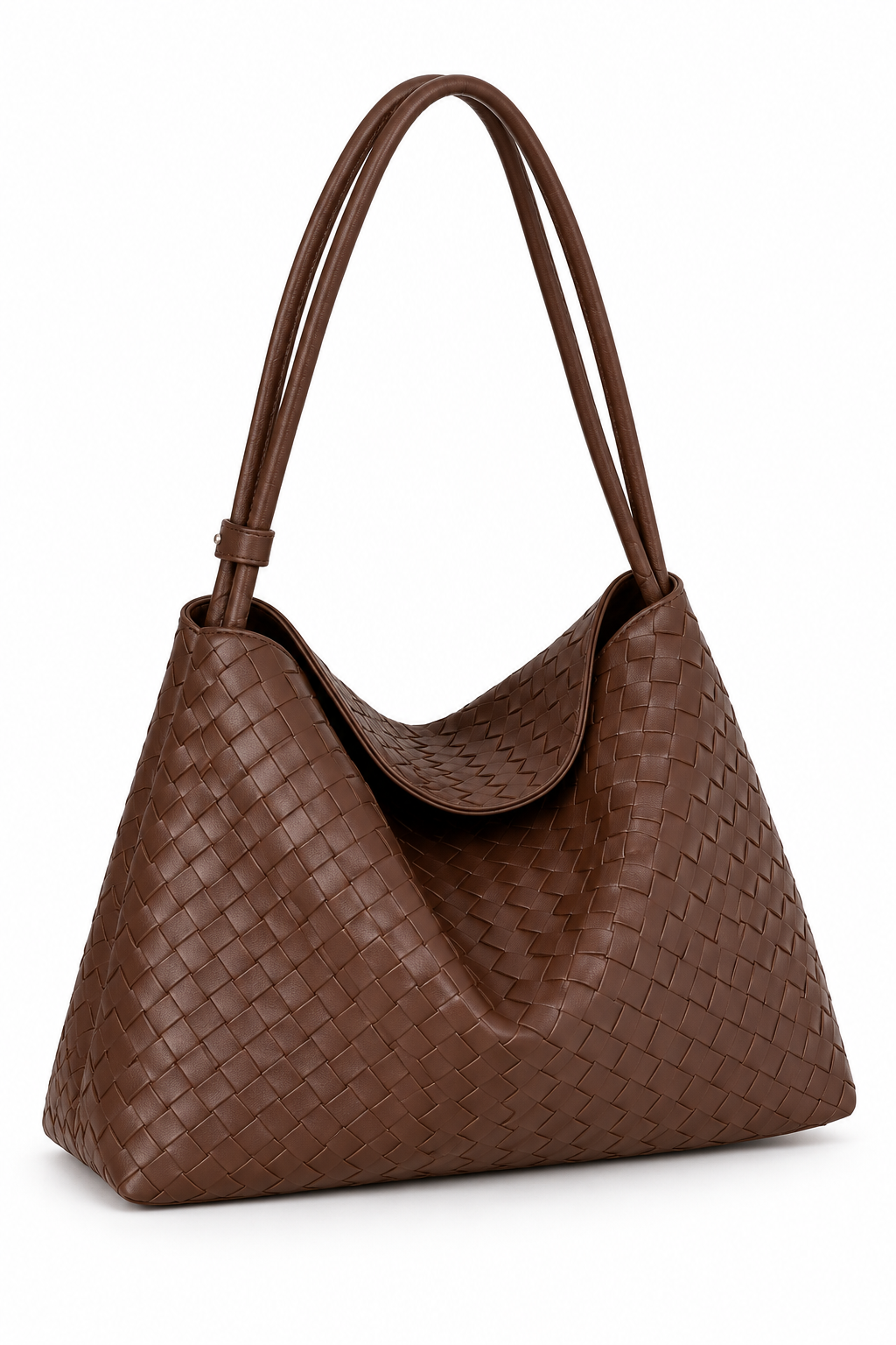 Brown rolled hobo bag, side view