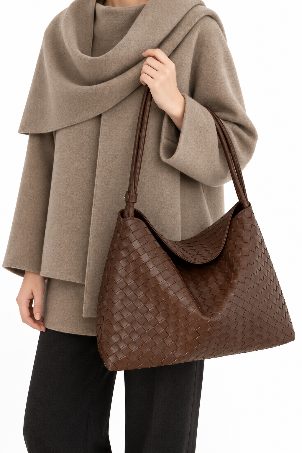 Brown rolled hobo bag worn2