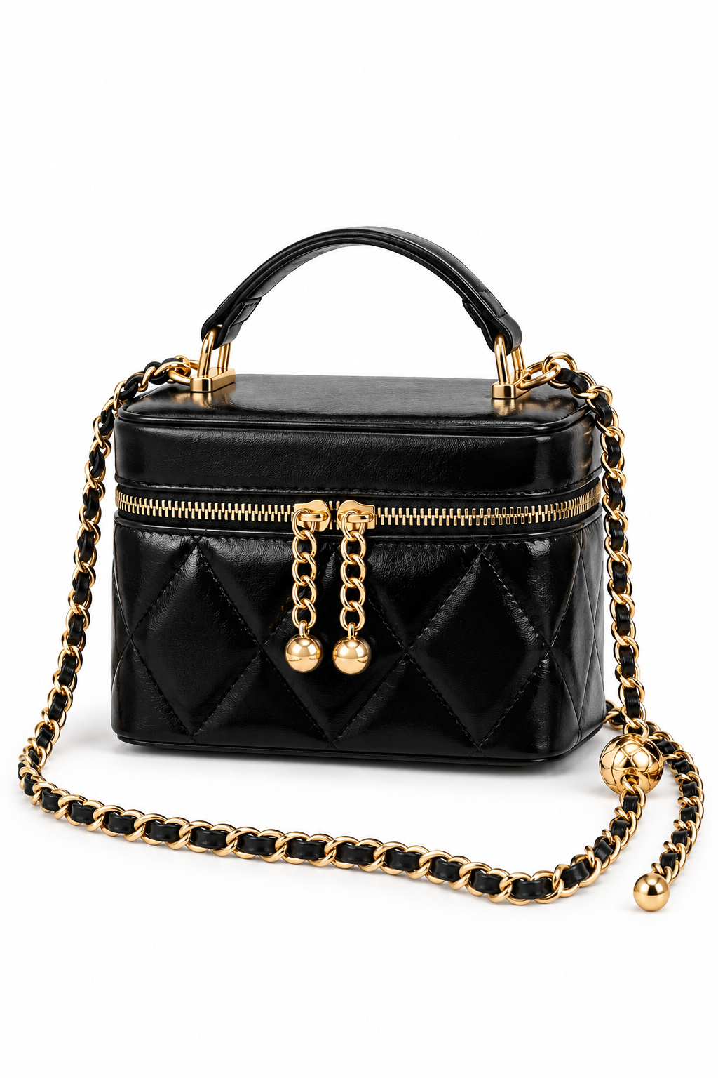 Black vanity bag, side view