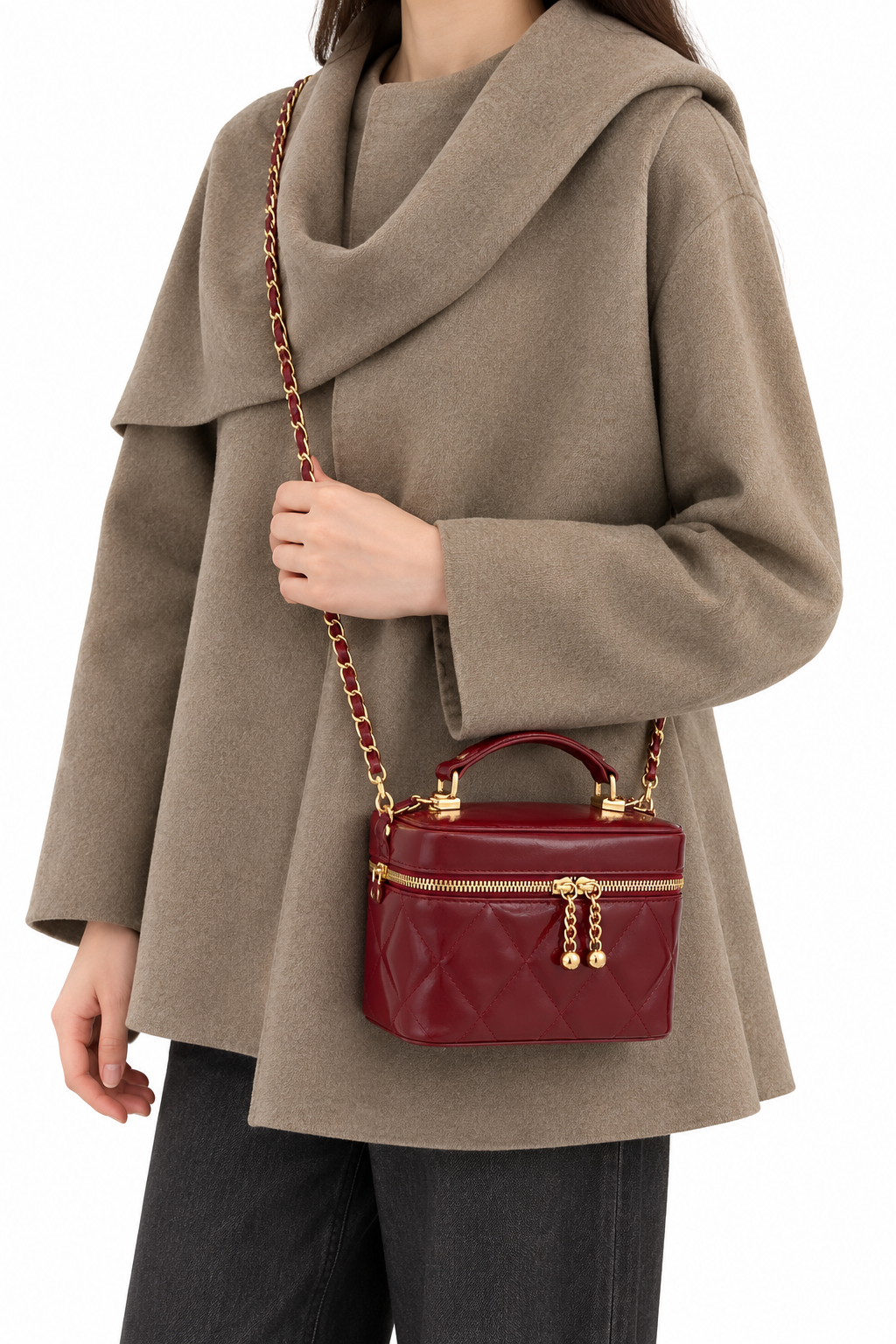Burgundy quilted vanity bag worn1