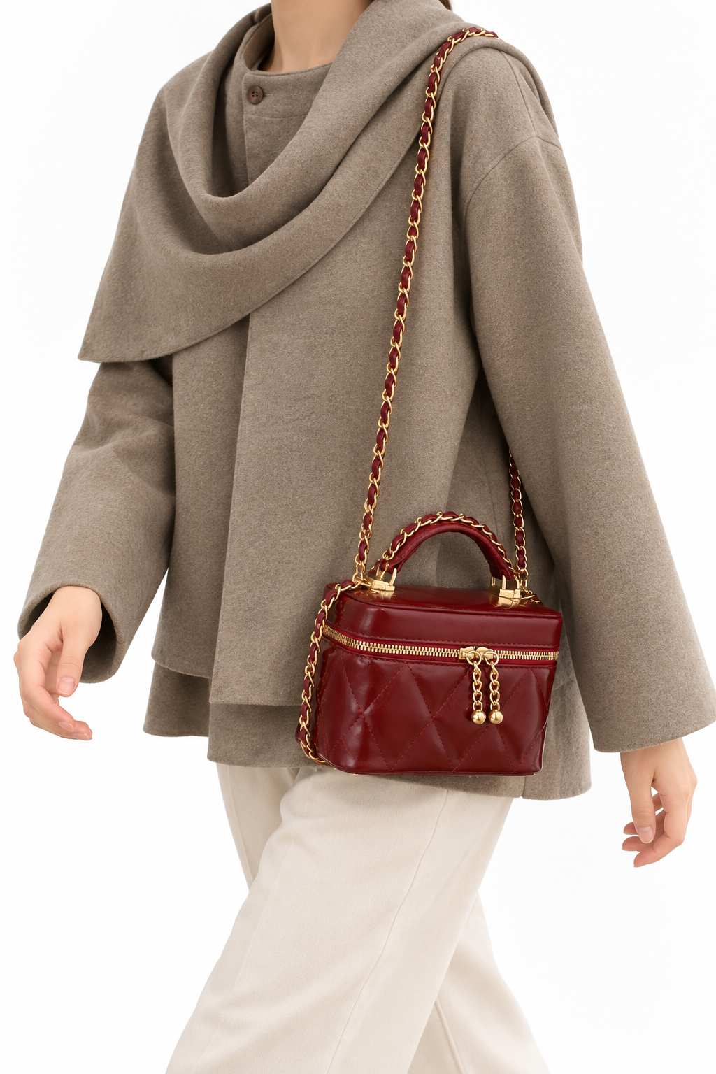 Burgundy vanity bag worn2