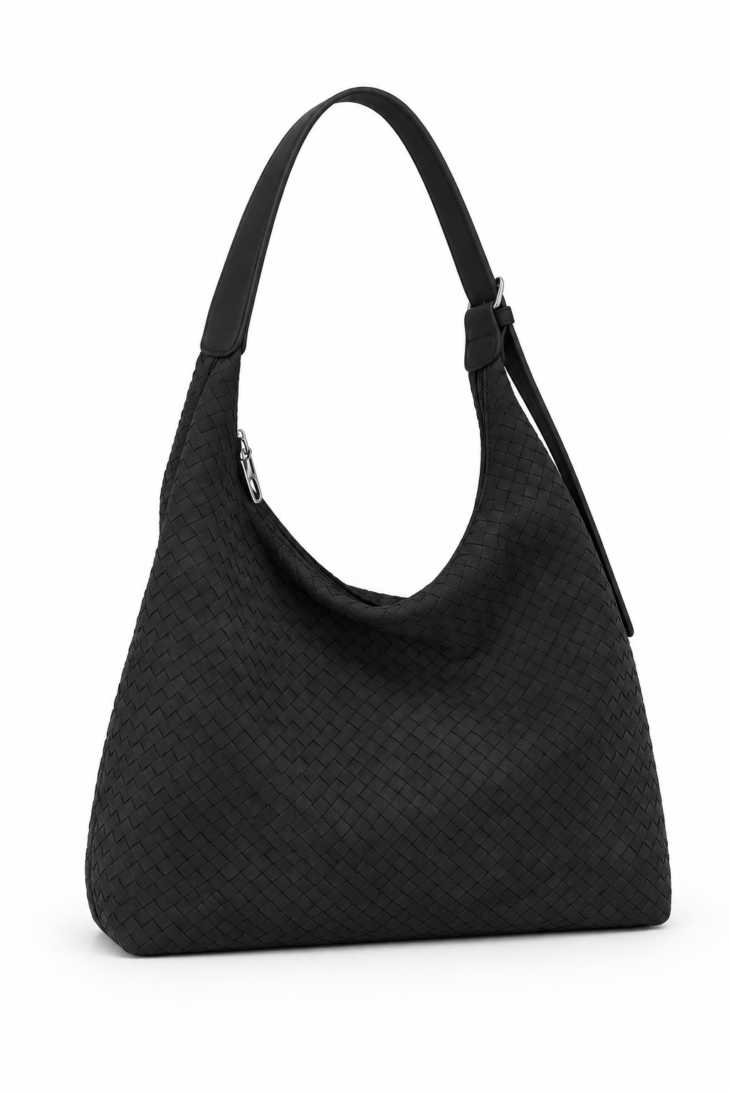 Black woven hobo bag, side view