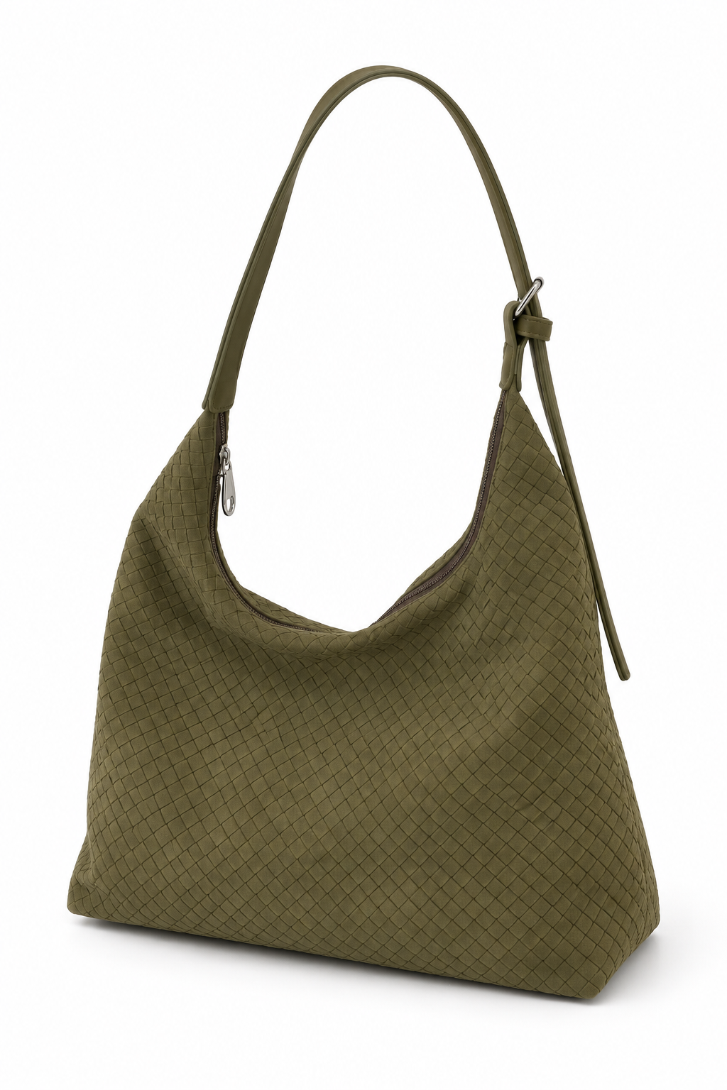 Olive Green woven hobo bag, side view