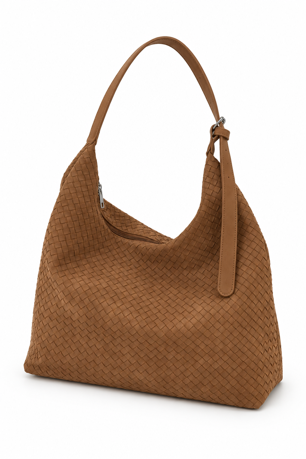 Tan woven hobo bag, side view