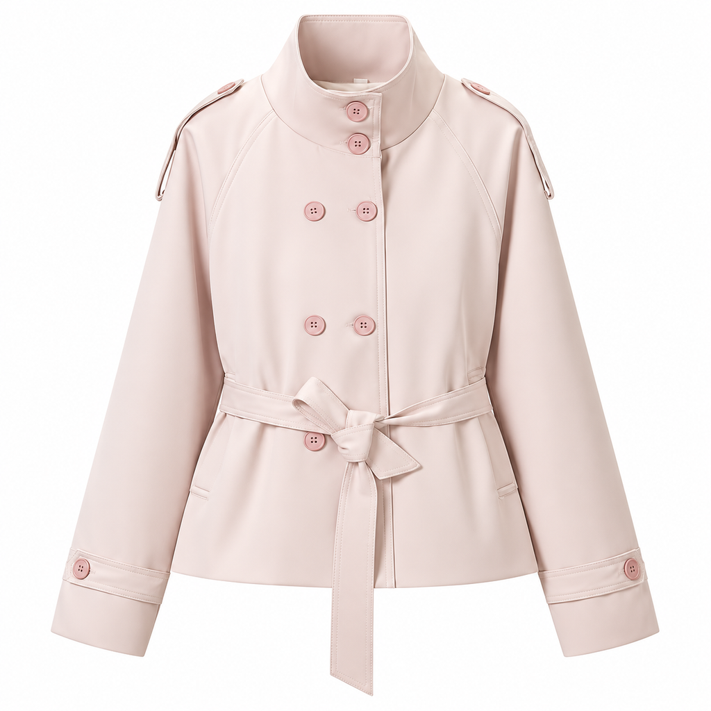 Pale Blush Belted Double-Breasted High-Collar Jacket — front view
