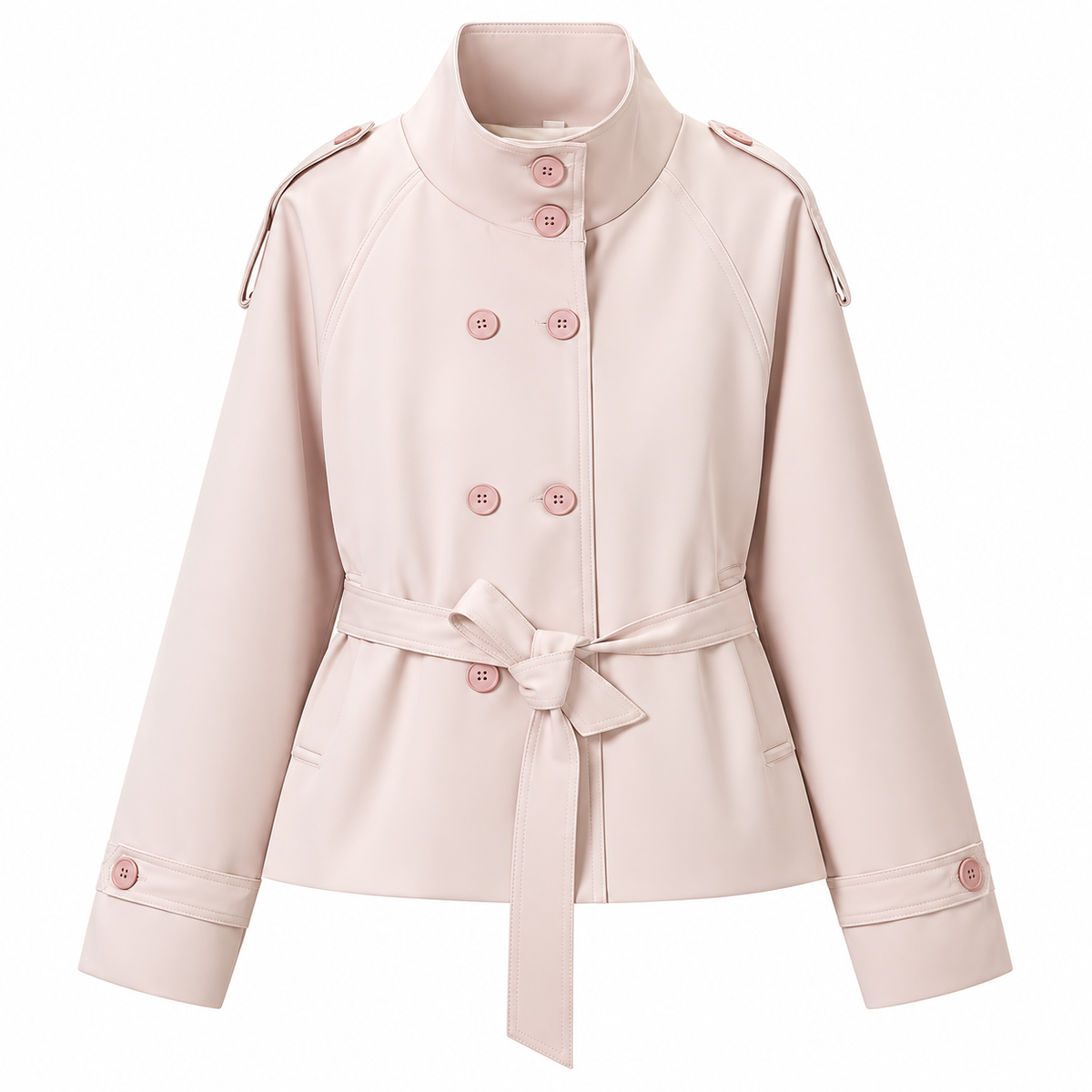 Pale Blush Belted Double-Breasted High-Collar Jacket — front view