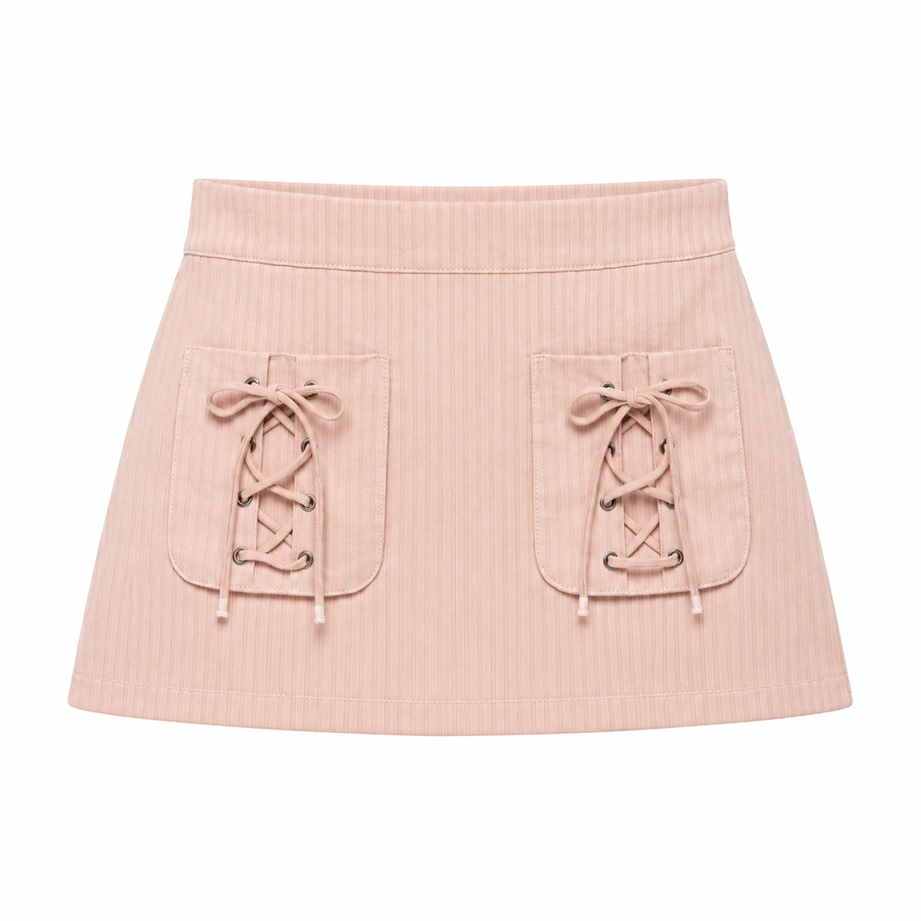 Pink Lace-Up Pocket Ribbed Mini Skirt front view