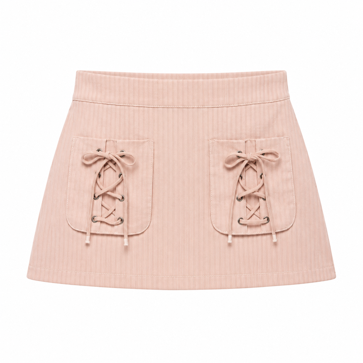 Pink Lace-Up Pocket Ribbed Mini Skirt front view