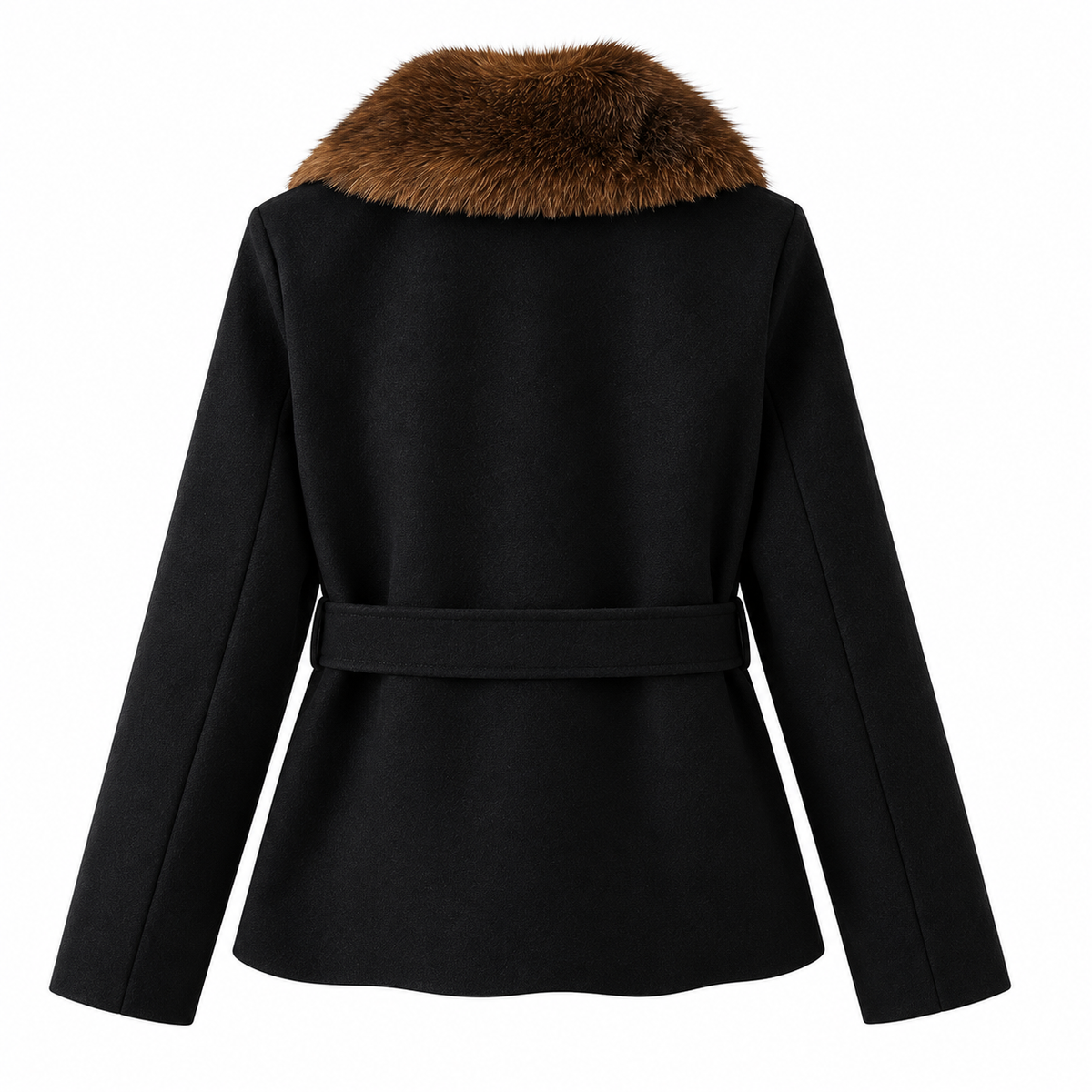 Black Belted Plush-Collar Jacket — back view