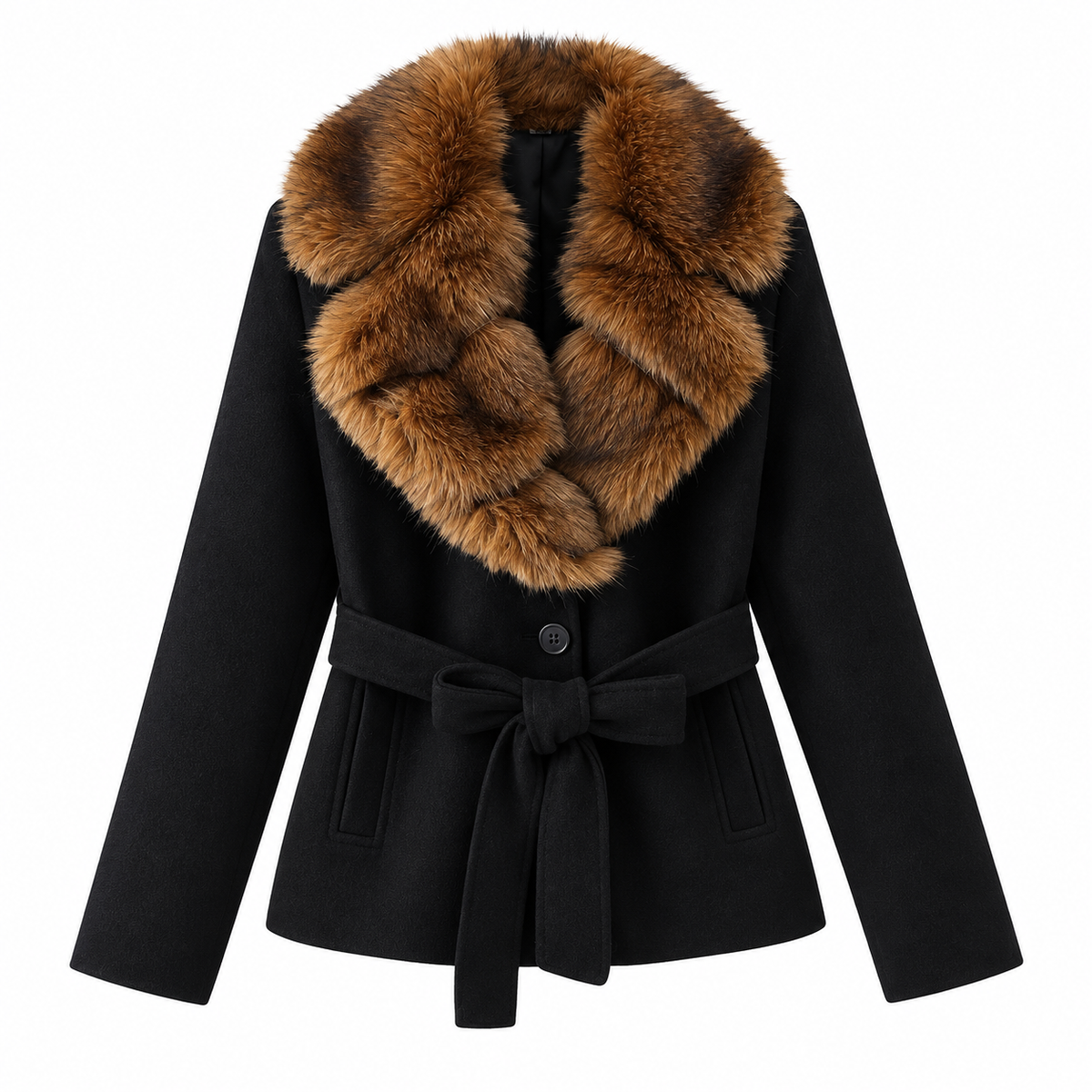 Black Belted Plush-Collar Jacket — front view