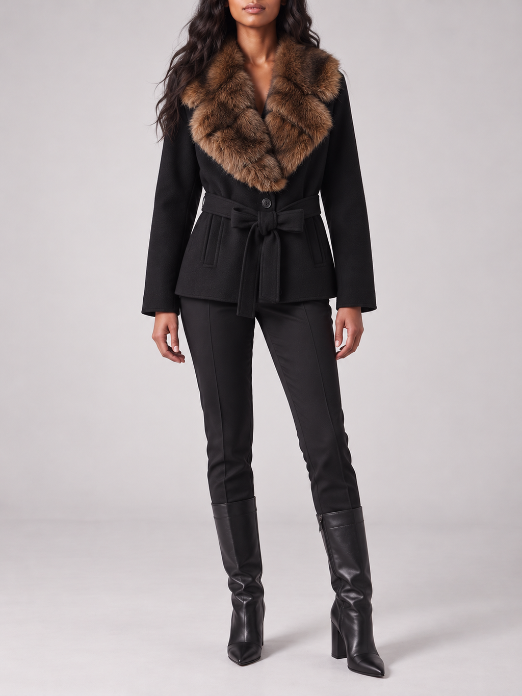 Black Belted Plush-Collar Jacket — styled model view