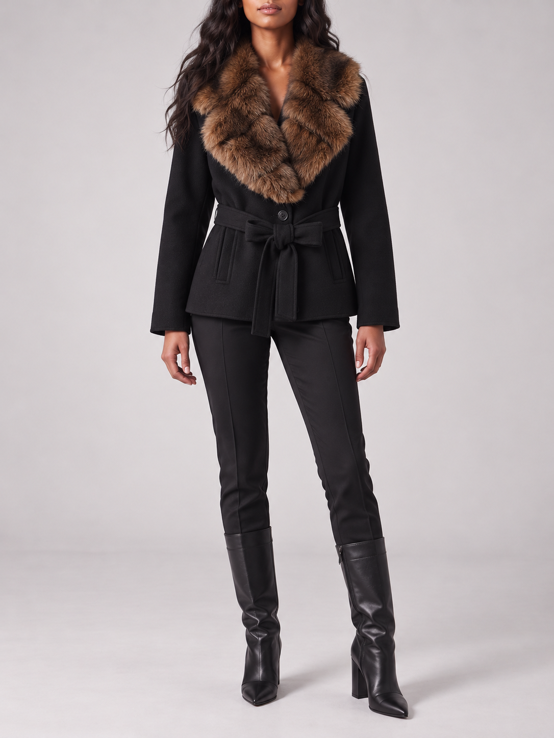 Black Belted Plush-Collar Jacket — styled model view