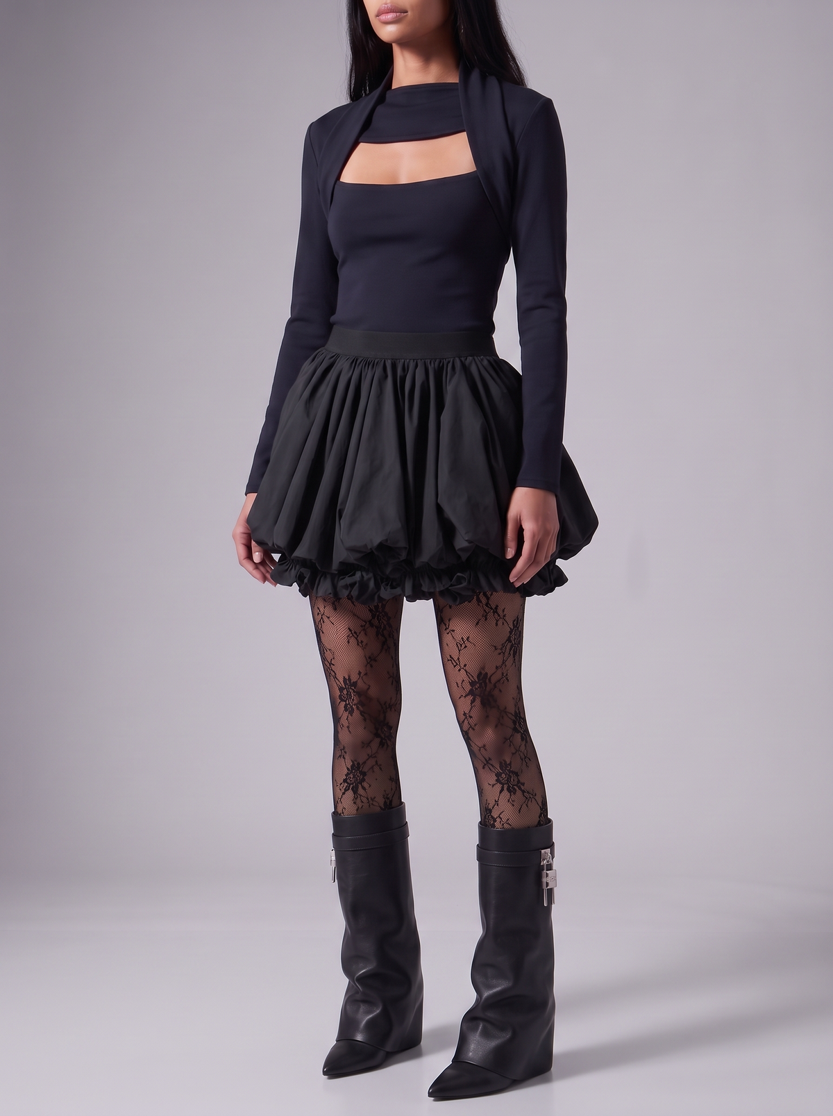 Black Bubble Mini Skirt — styled model view