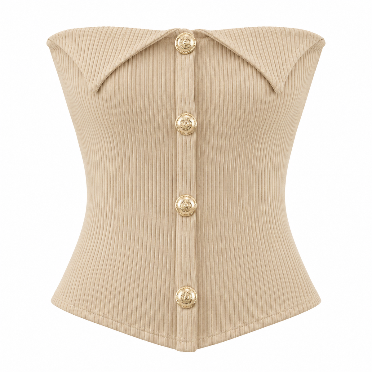 Beige Bellinna Ribbed Gold-Button Strapless Top — front view