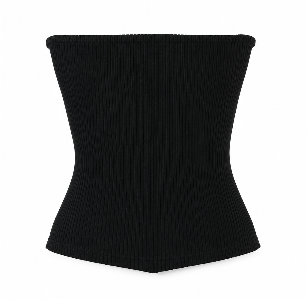 Black Bellinna Ribbed Gold-Button Strapless Top — back view