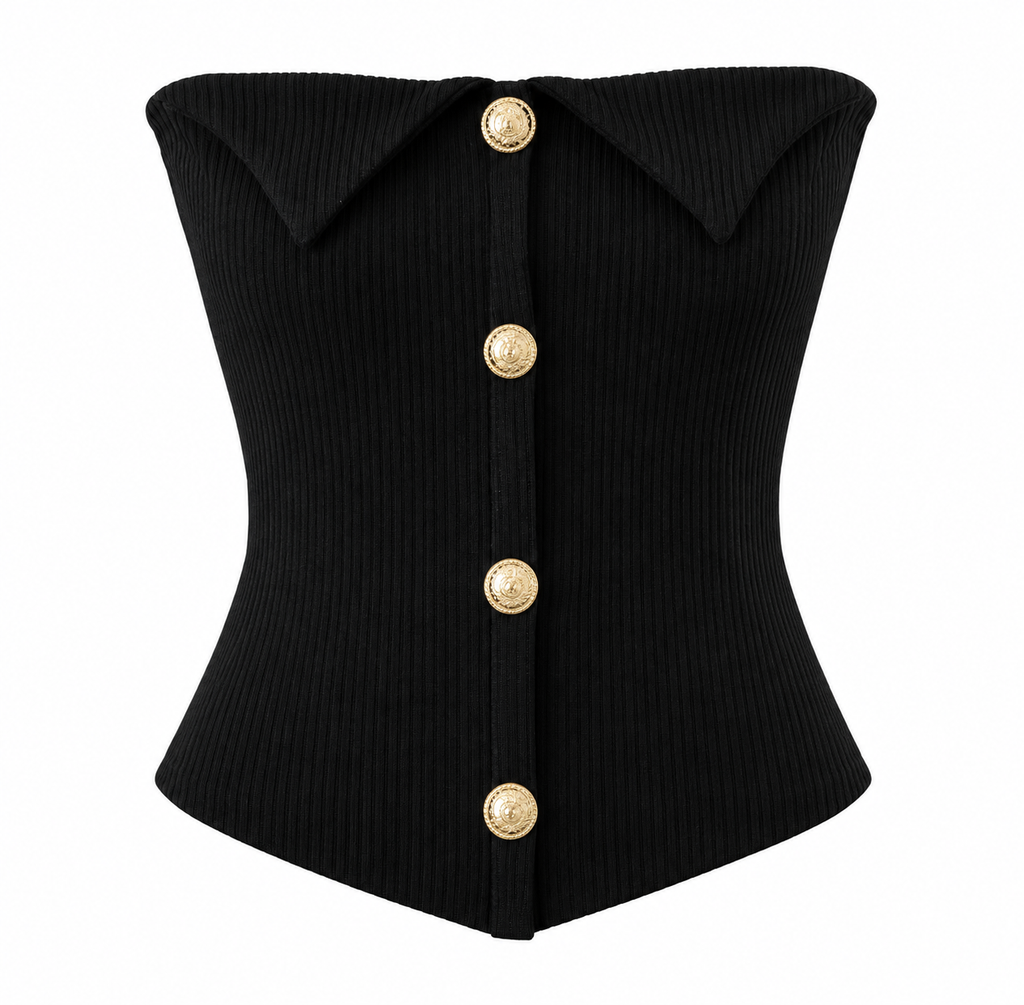 Black Bellinna Ribbed Gold-Button Strapless Top — front view