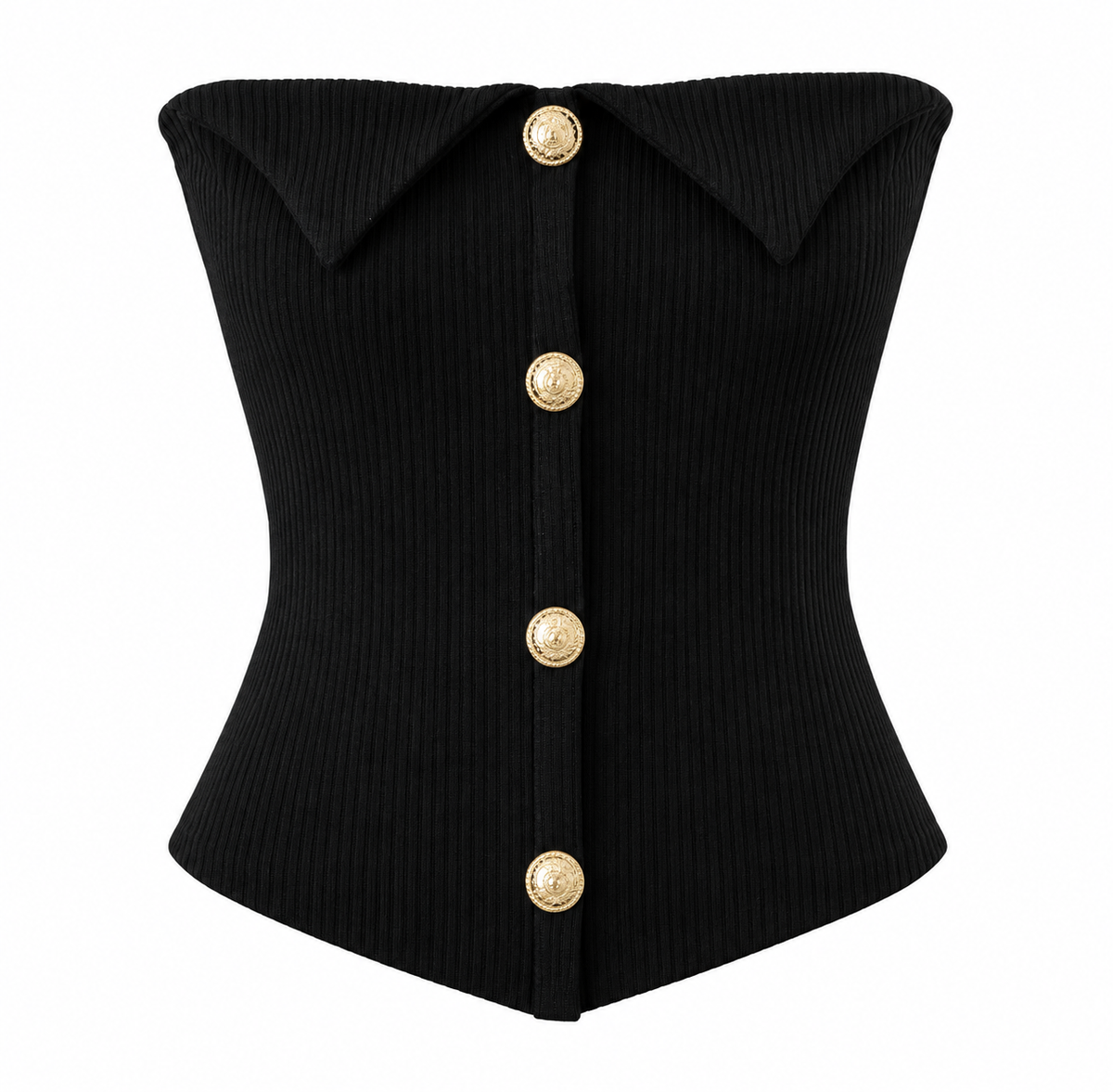 Black Bellinna Ribbed Gold-Button Strapless Top — front view