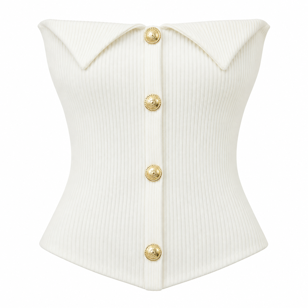 White Bellinna Ribbed Gold-Button Strapless Top — front view