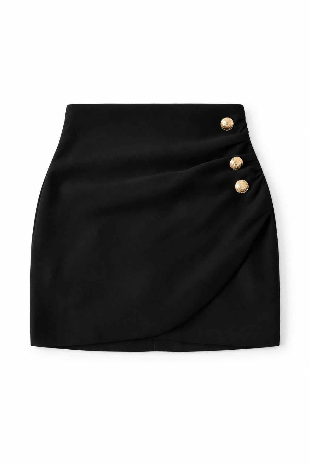 Bellinna Three-Button Ruched Mini Skirt, Black, front product view