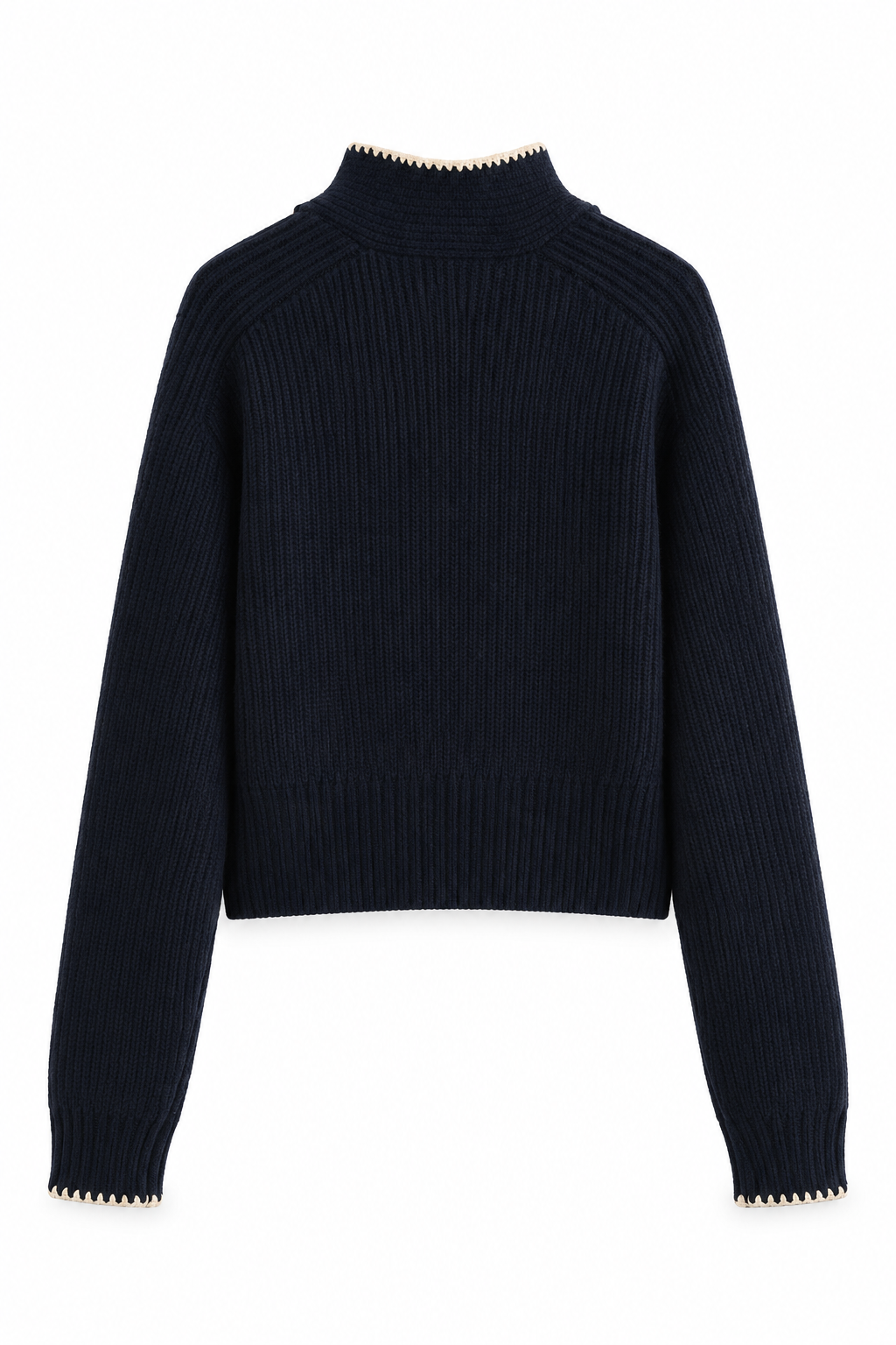 Navy Bellinna Contrast-Trim Scarf-Tie Knit Sweater — back view