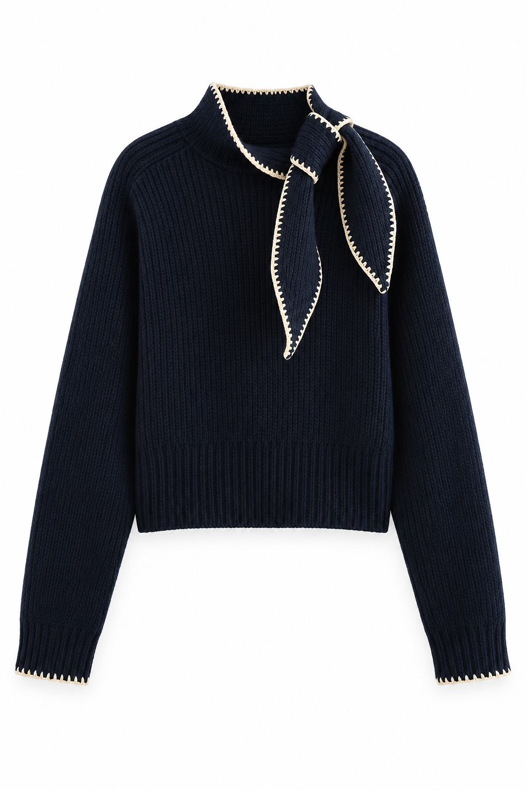 Navy Bellinna Contrast-Trim Scarf-Tie Knit Sweater — front view