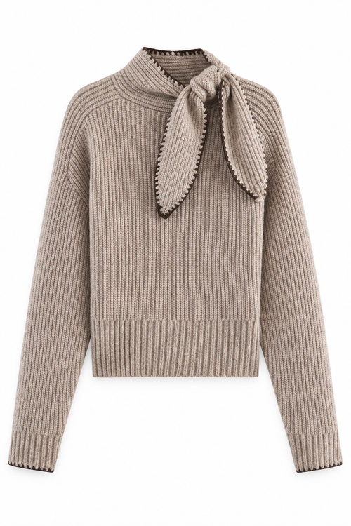 Taupe Bellinna Contrast-Trim Scarf-Tie Knit Sweater — front view