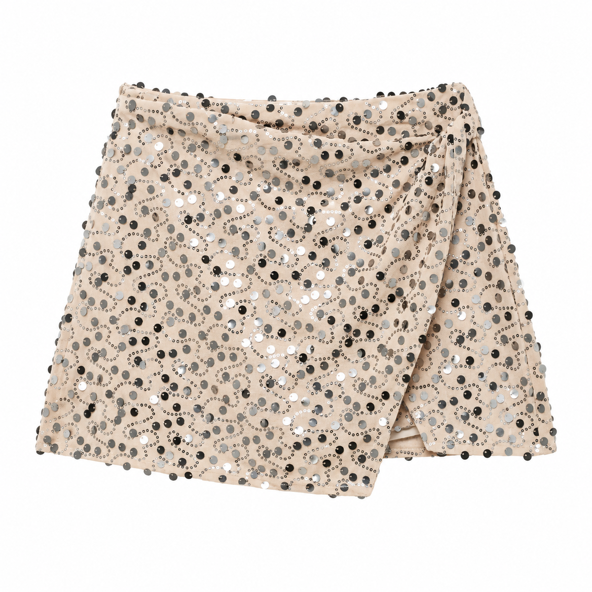 Beige Sequin Draped Wrap Mini Skirt front view