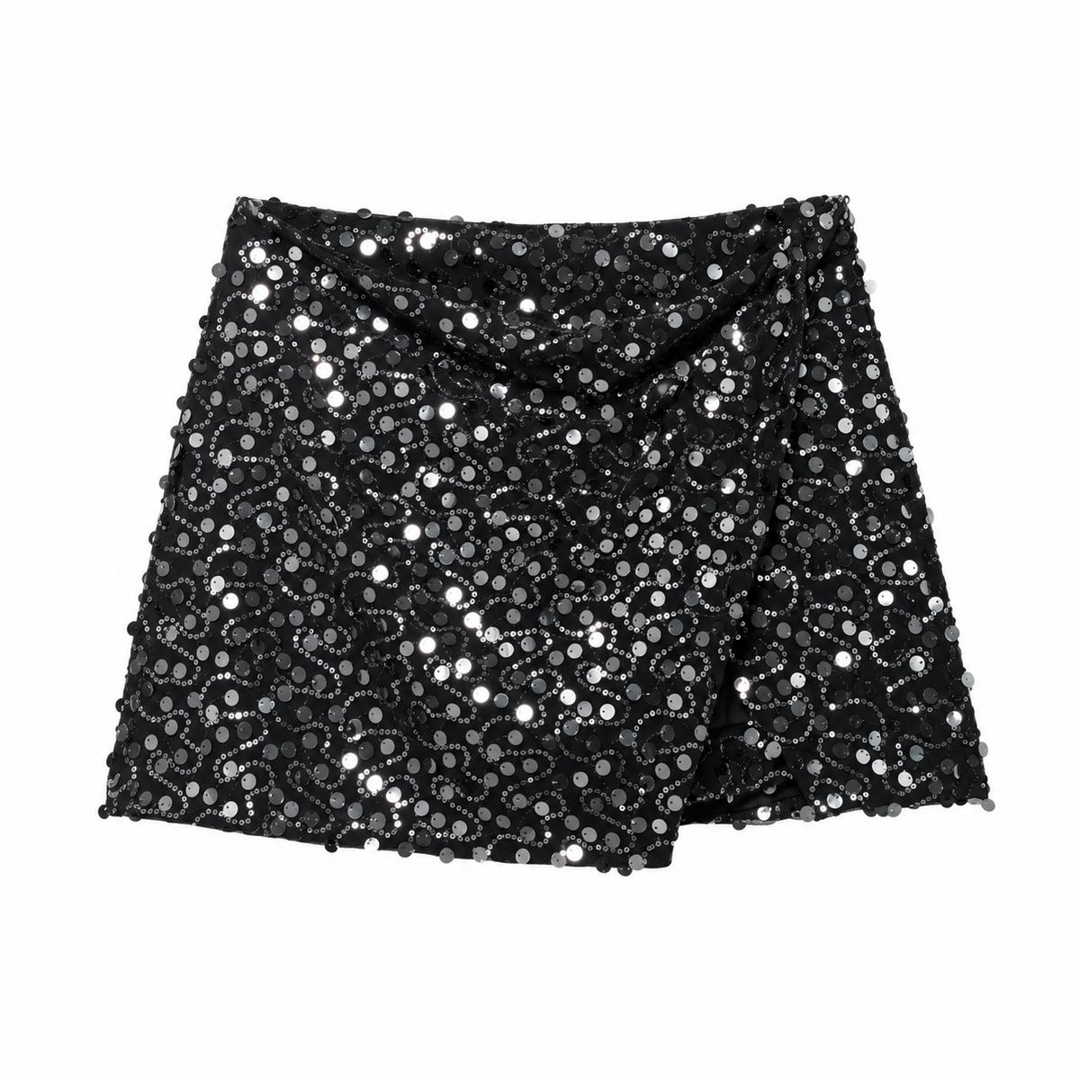 Black Sequin Draped Wrap Mini Skirt front view
