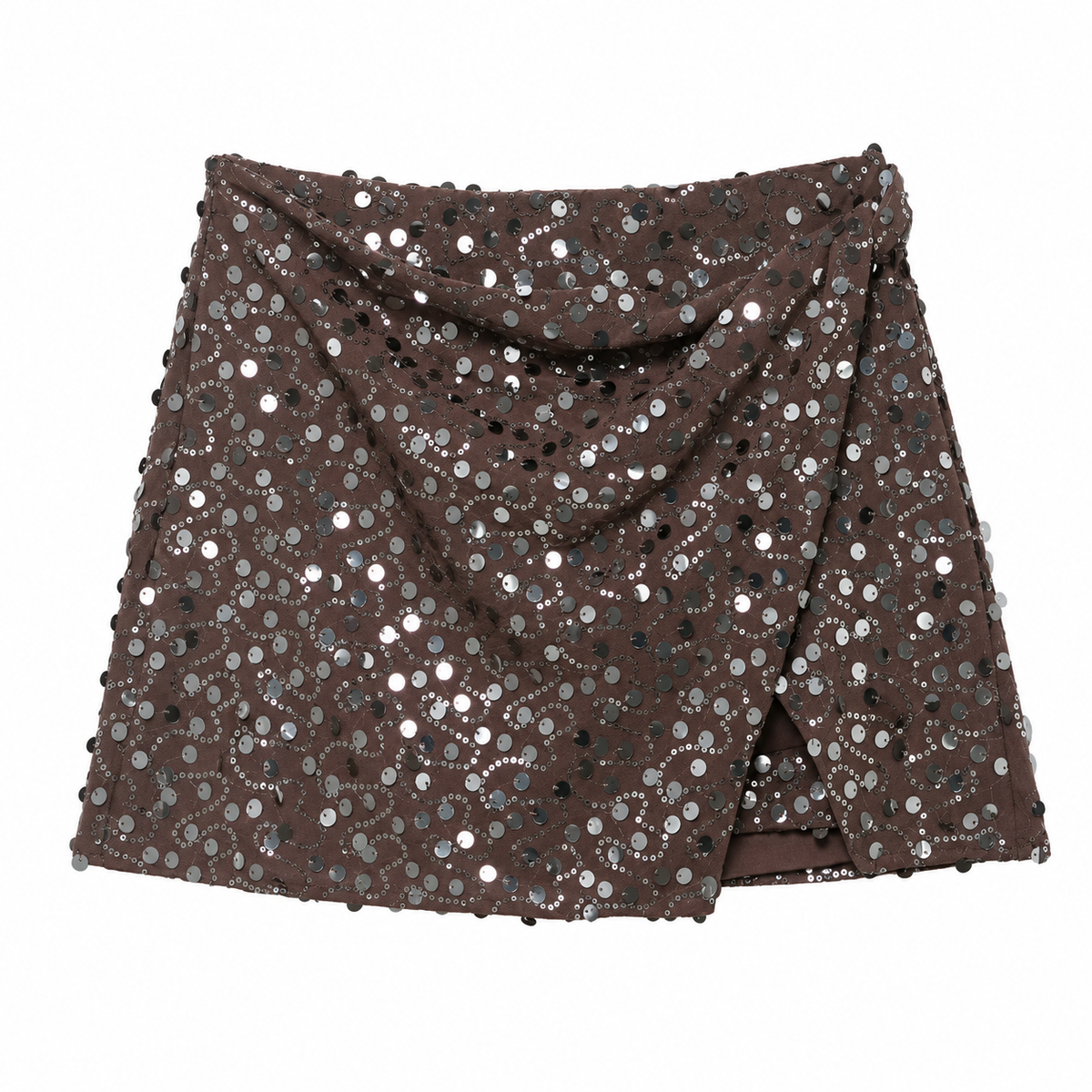 Brown Sequin Draped Wrap Mini Skirt front view