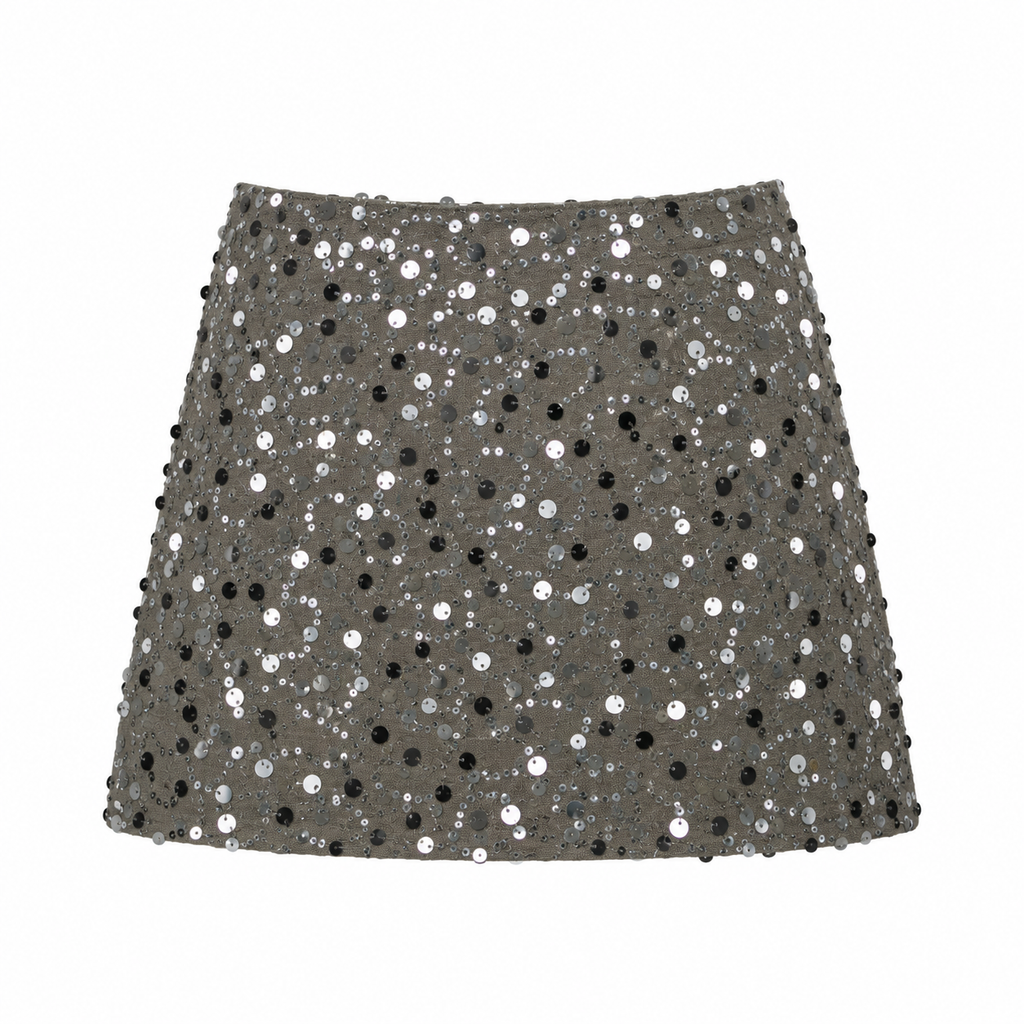 Olive Gray Sequin Draped Wrap Mini Skirt back view