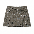 Olive Gray Sequin Draped Wrap Mini Skirt front view