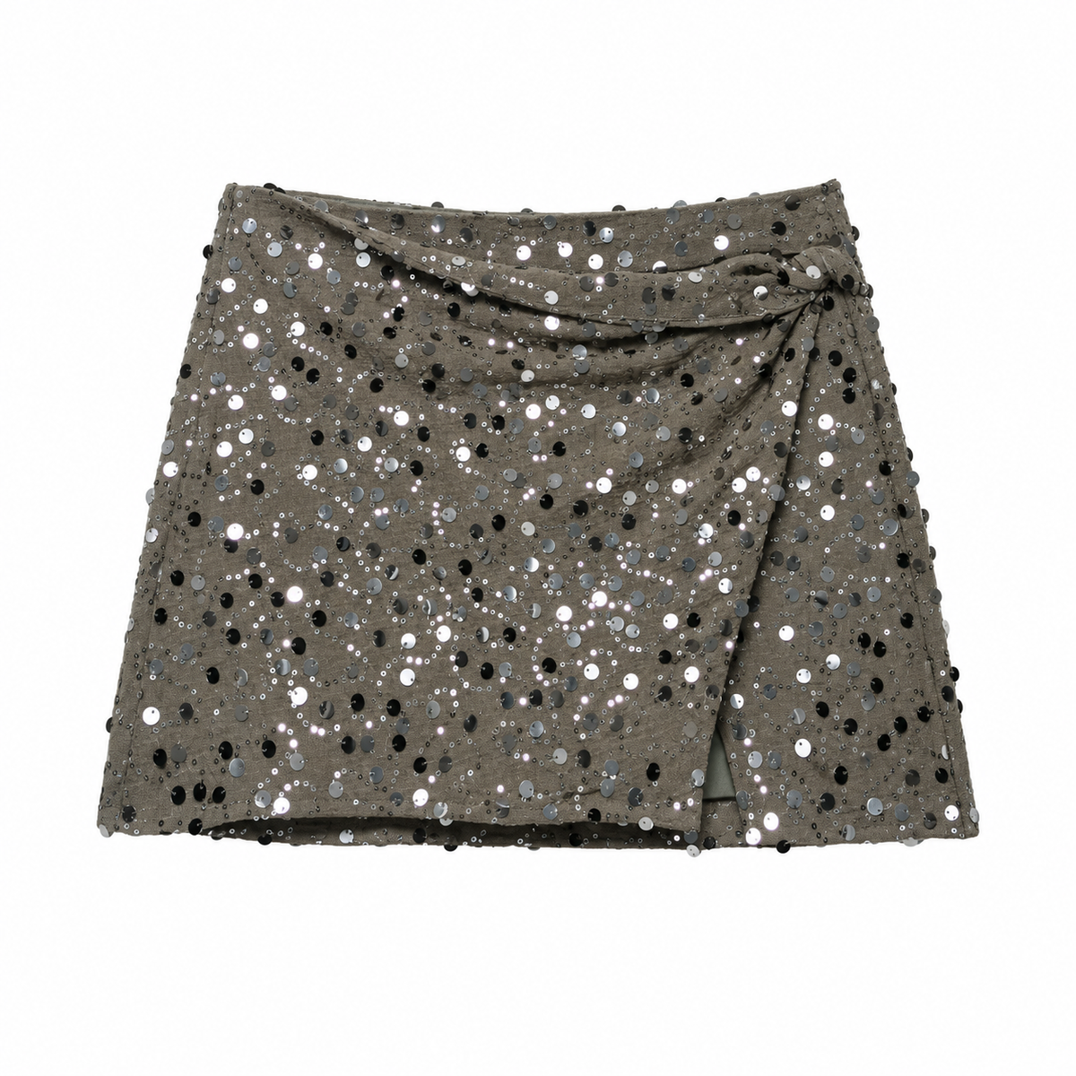 Olive Gray Sequin Draped Wrap Mini Skirt front view