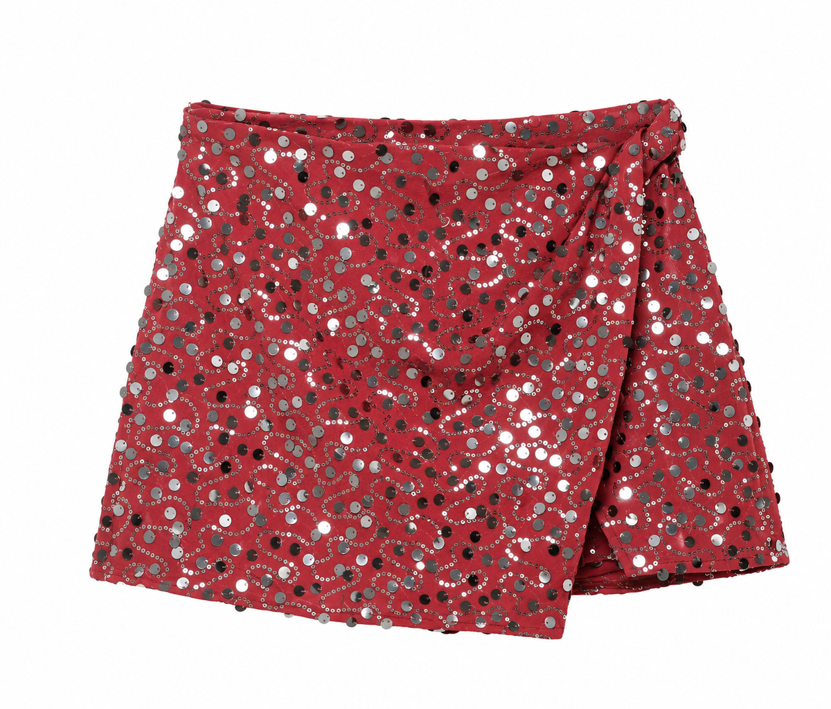 Red Sequin Draped Wrap Mini Skirt front view