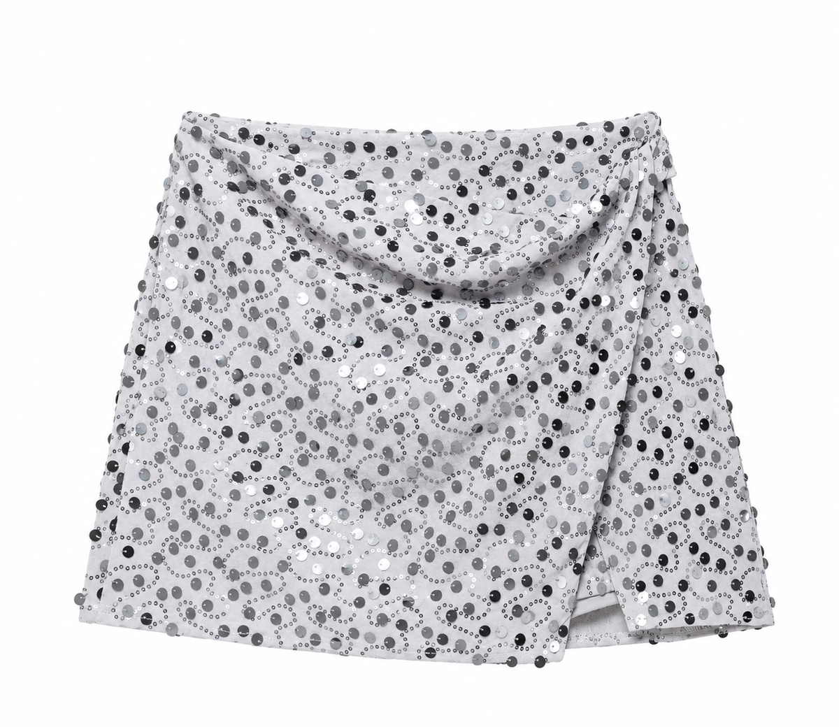 White Sequin Draped Wrap Mini Skirt front view