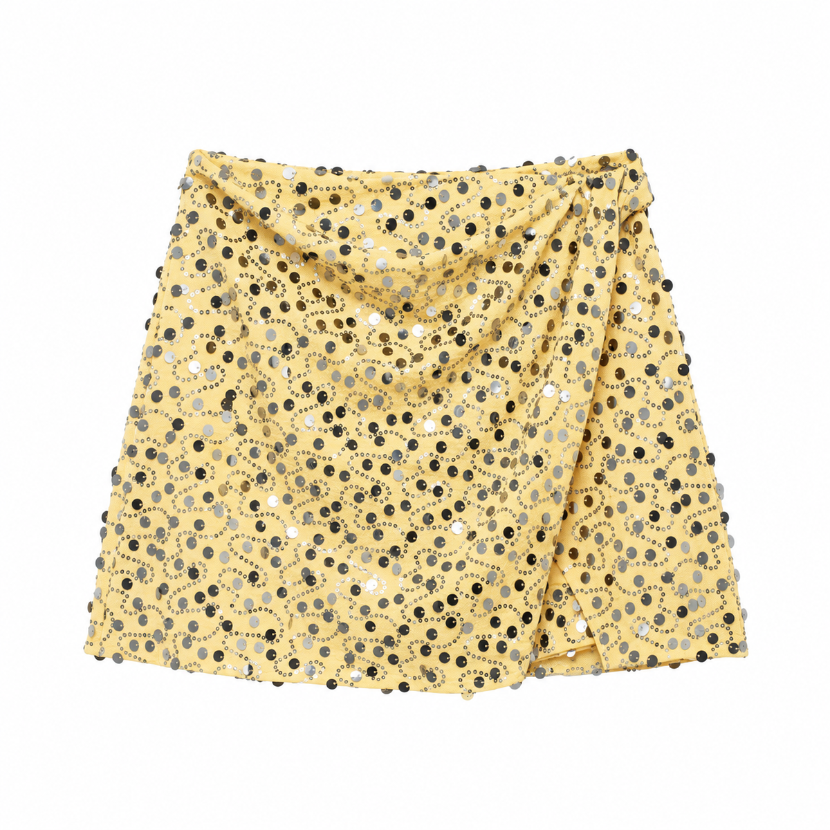Yellow Sequin Draped Wrap Mini Skirt front view