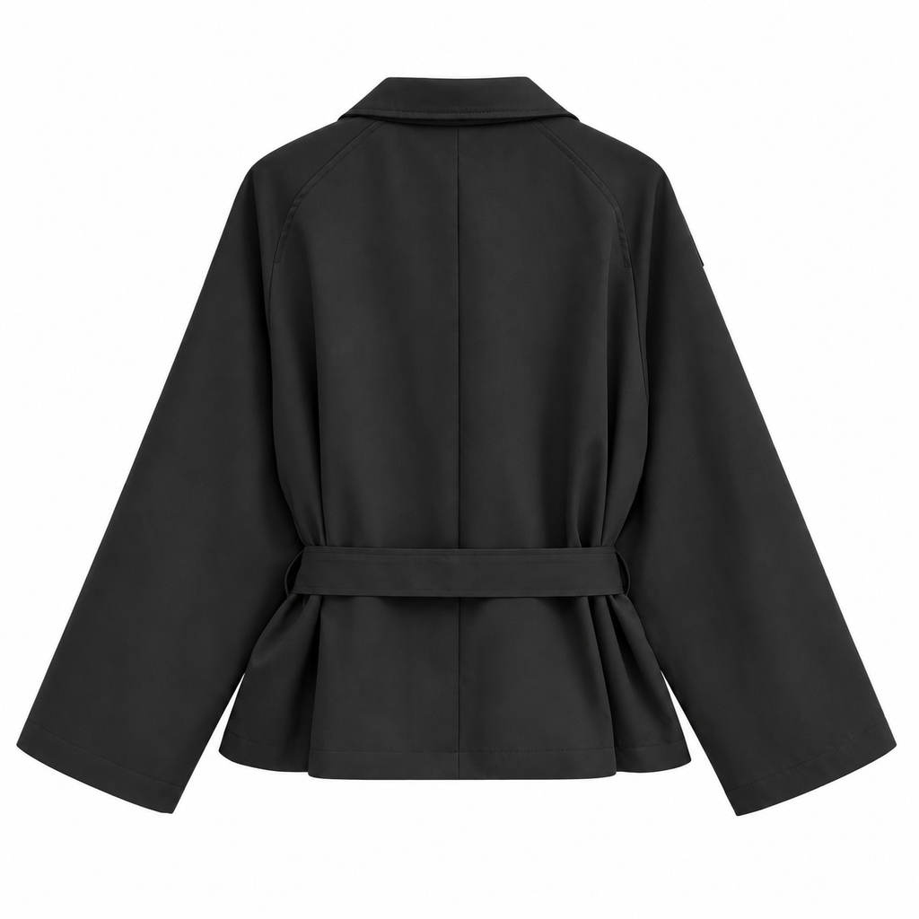 Black Belted Asymmetric-Collar Jacket — back view