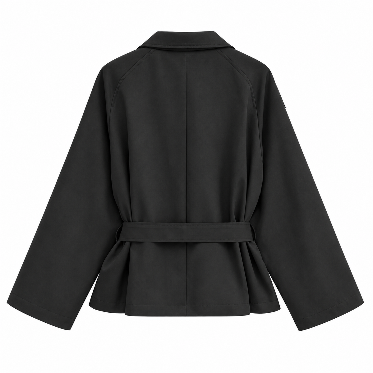 Black Belted Asymmetric-Collar Jacket — back view