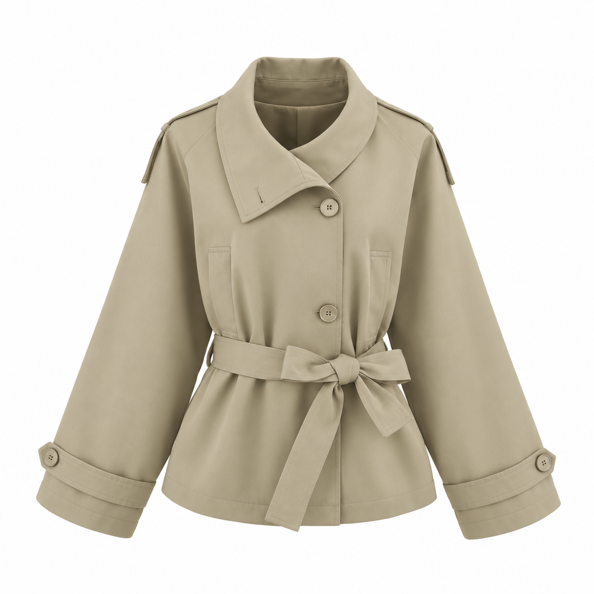 Khaki Belted Asymmetric-Collar Jacket — front view
