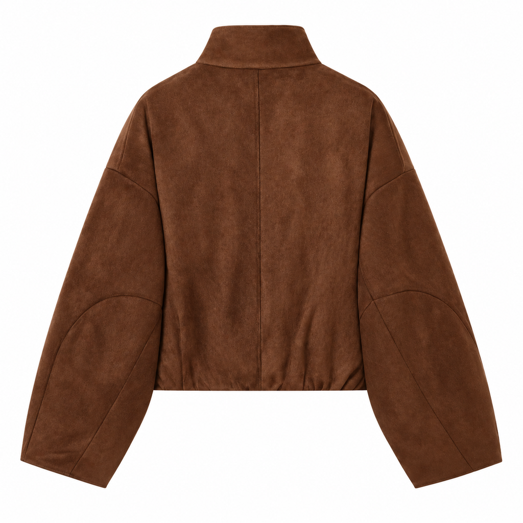 Brown Cropped Funnel-Neck Suede-Look Jacket — back view