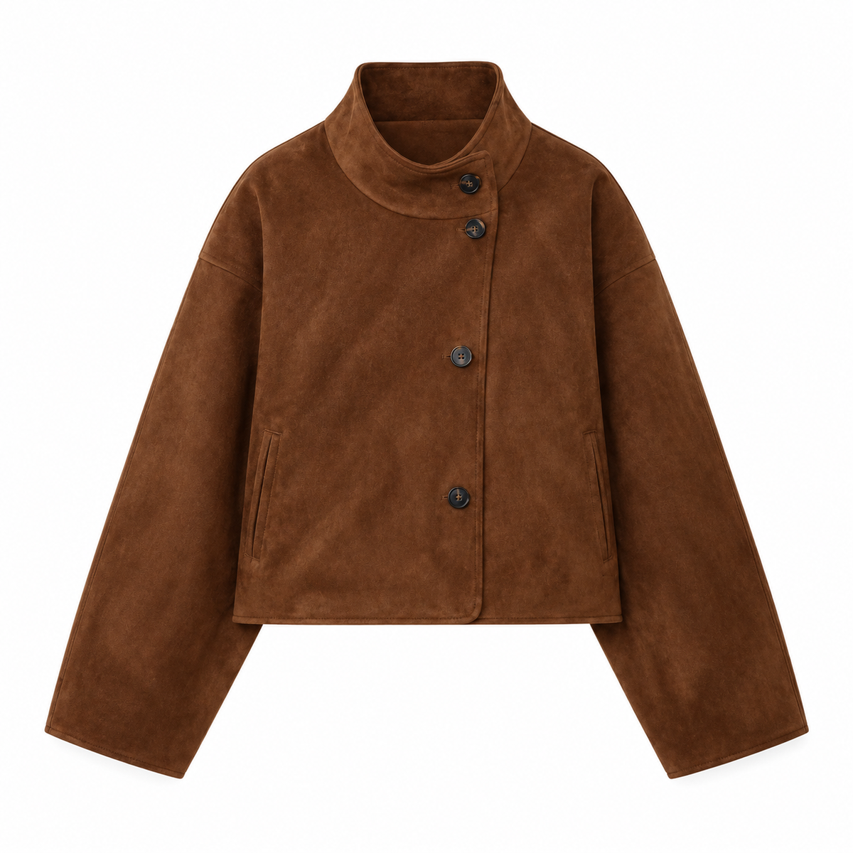 Brown Cropped Funnel-Neck Suede-Look Jacket — front view