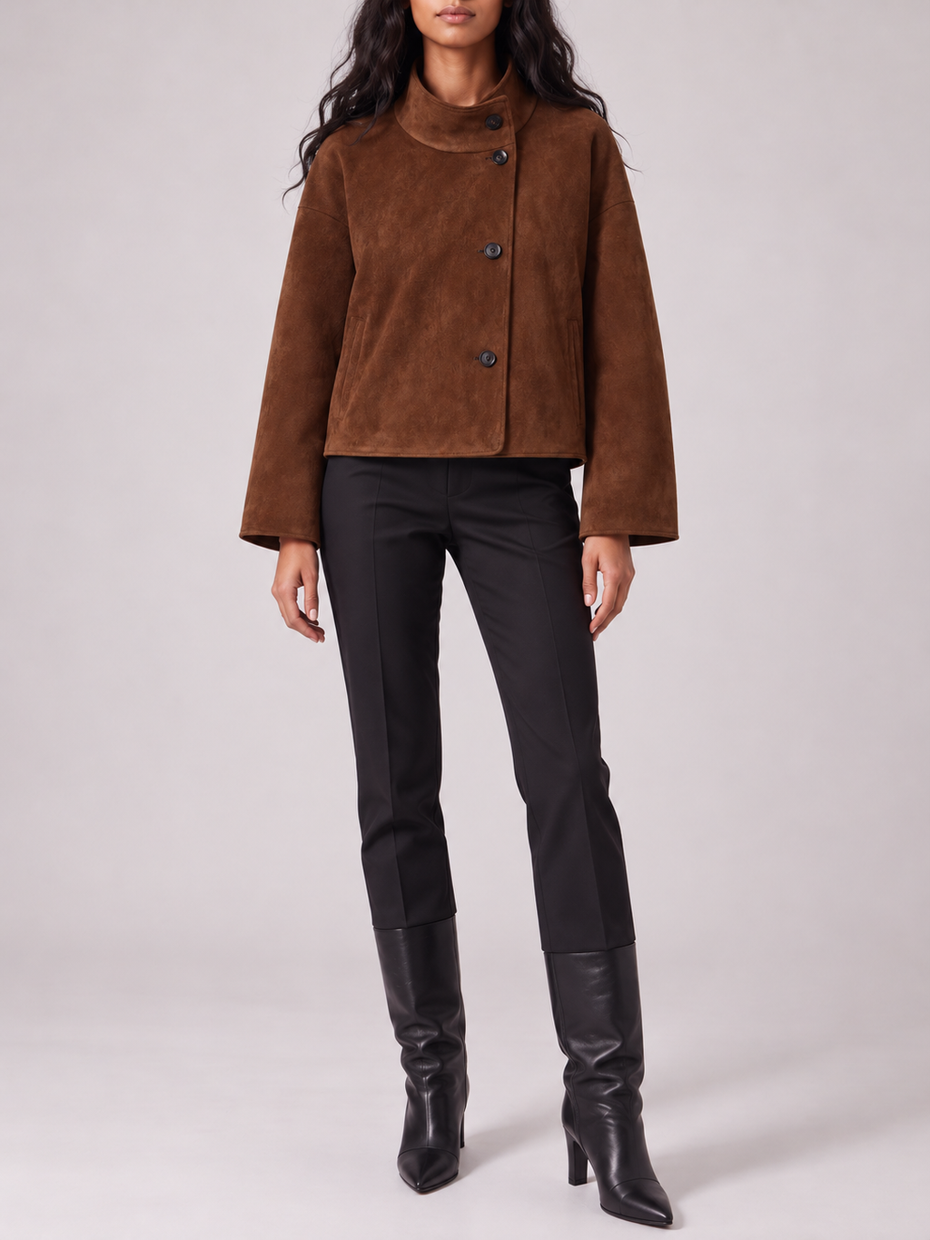 Brown Cropped Funnel-Neck Suede-Look Jacket — styled model view