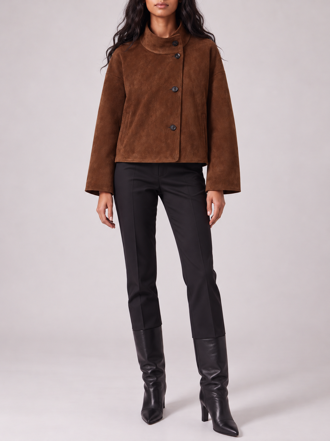 Brown Cropped Funnel-Neck Suede-Look Jacket — styled model view