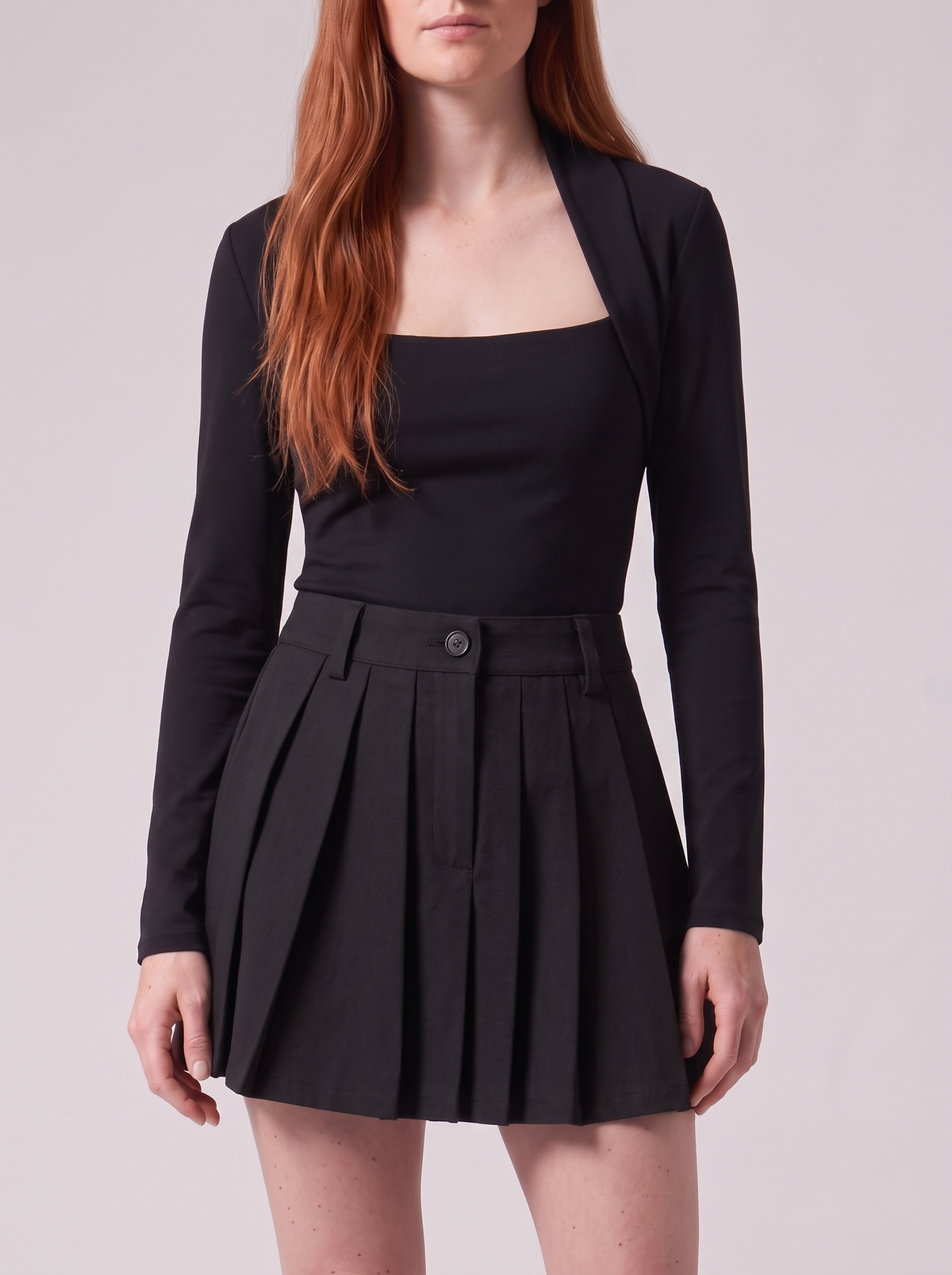 Black Bellinna Tailored Pleated Mini Skirt — styled model view