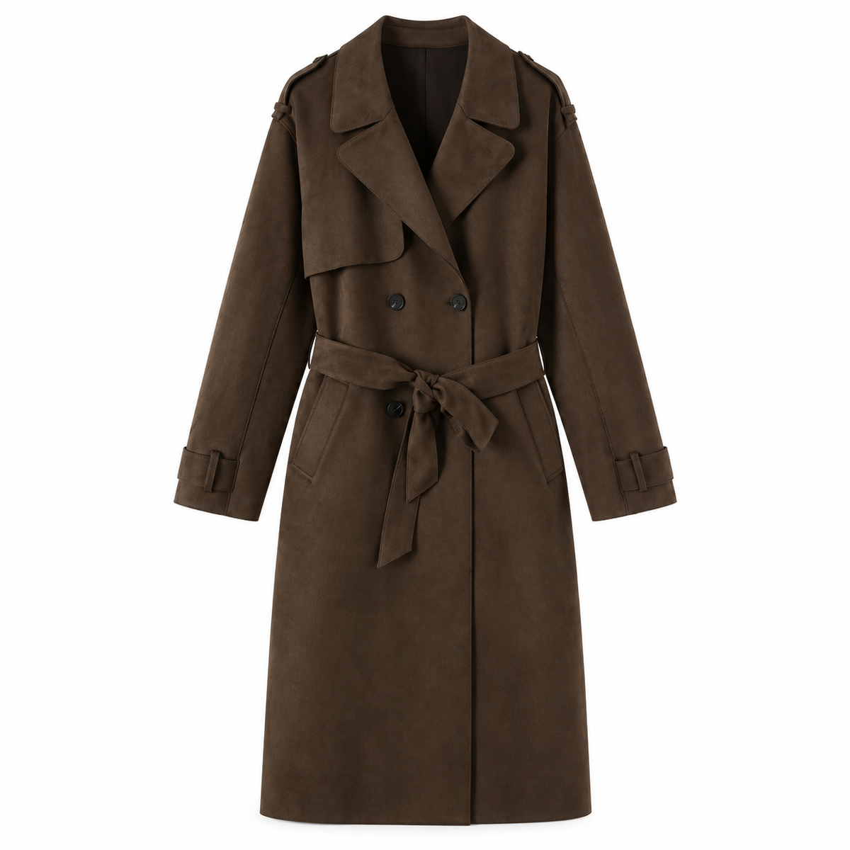 Dark Brown Belted Suede-Look Trench Jacket — front view