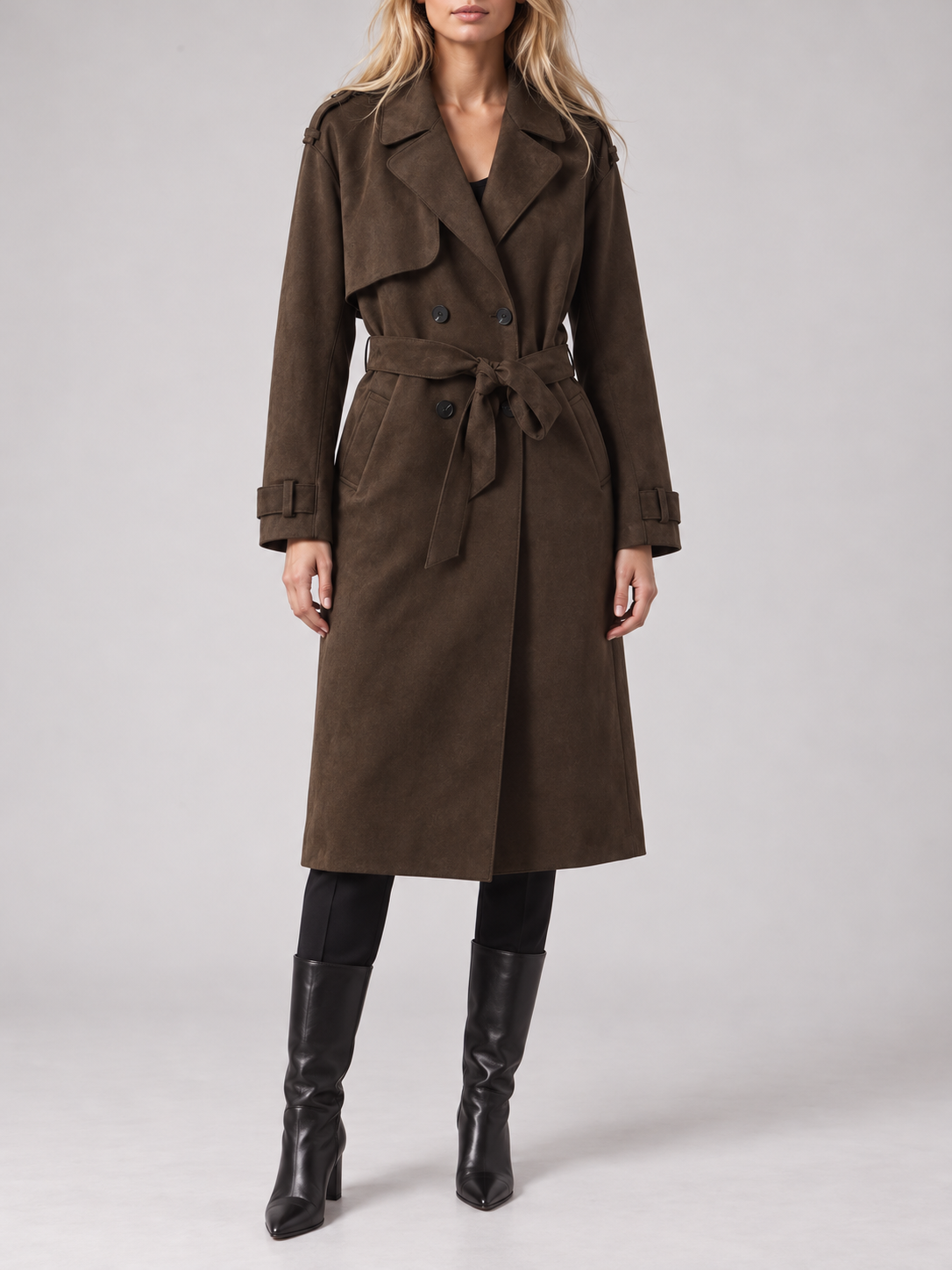 Dark Brown Belted Suede-Look Trench Jacket — styled model view