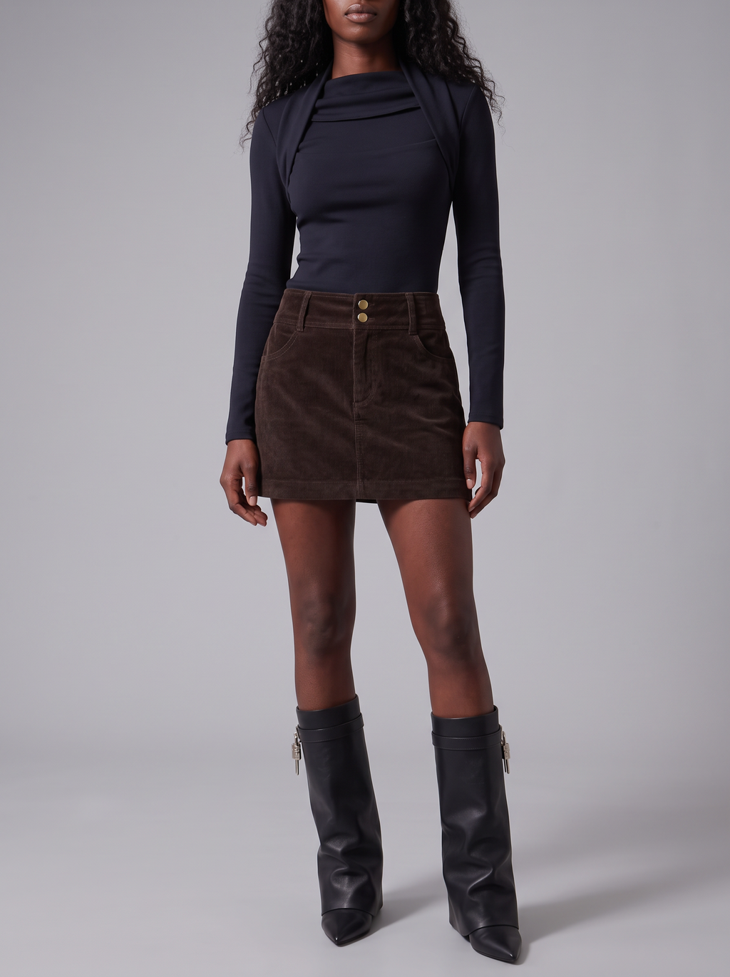 Dark Brown Bellinna Two-Button Corduroy Mini Skirt — styled model view