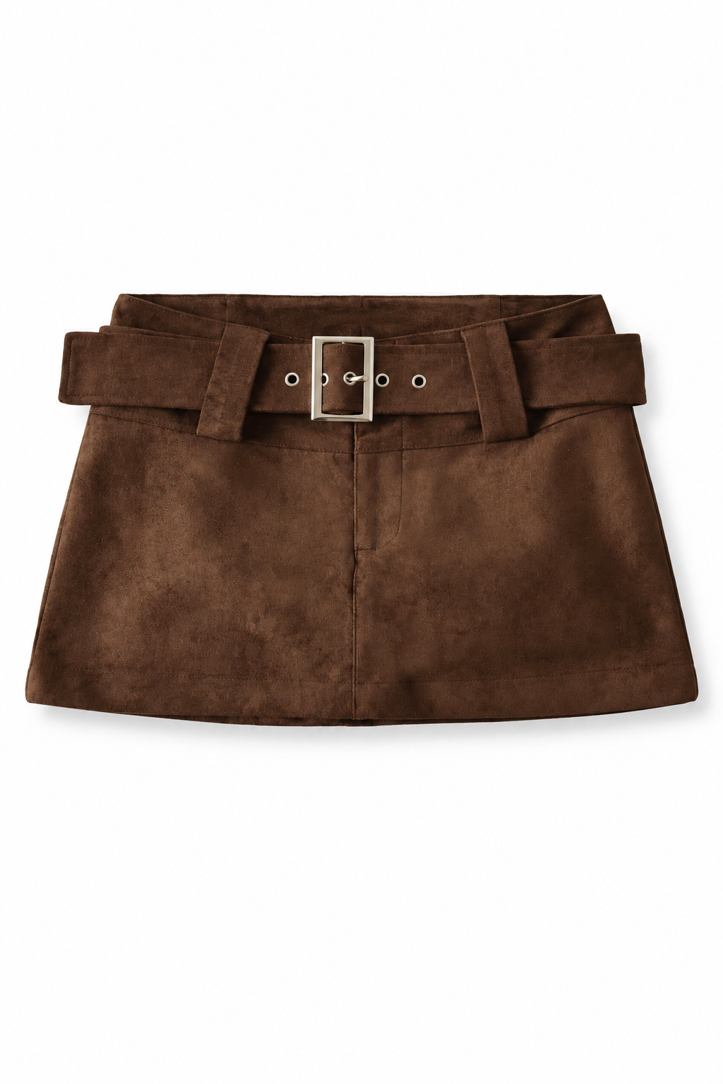 Bellinna Wide-Belt Suede-Look Mini Skirt, Brown, front product view